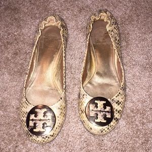 Tory Burch snake skin gold flats